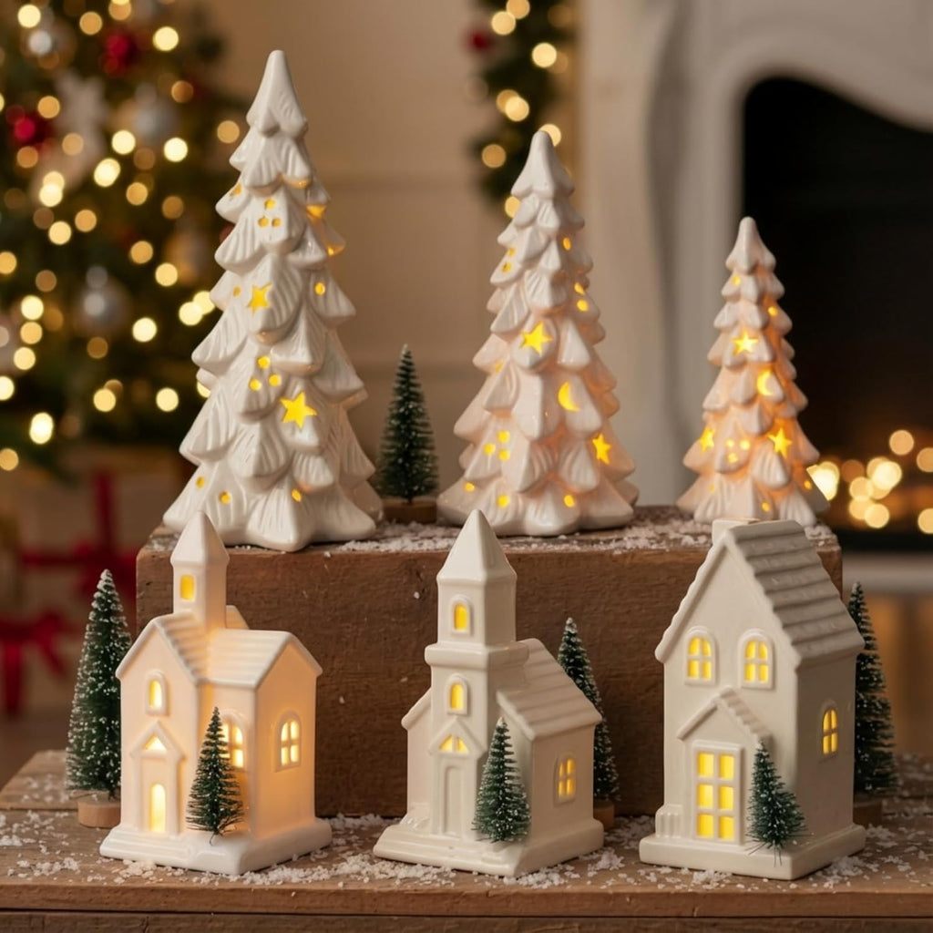 Nuogo Light Up Ceramic Christmas Trees Set - 6 Pcs White LED Trees & Glitter Snow Village Houses for Holiday Decor