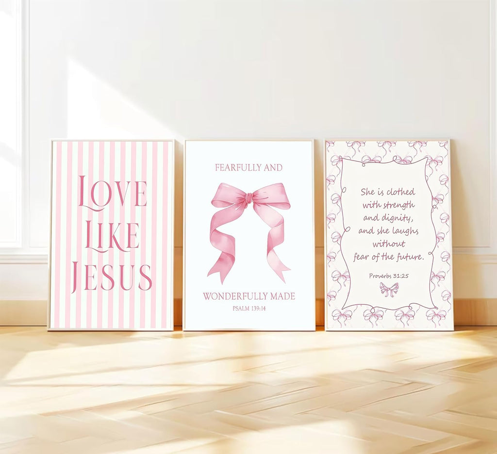 Skiennix Pink Christian Wall Art - Inspirational Bible Verse Canvas Prints | 3-Piece Set, 12x16in Unframed