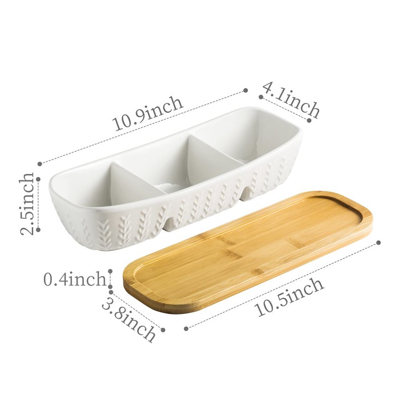 Miamolo 3 Compartment Condiment Tray, Chip and Dip Bowl with Wooden Serving Tray, Perfect for Snacks, Appetizers, Charcuterie, Chips, Candy, 10-inch Chip and Dip Serving Set for Parties