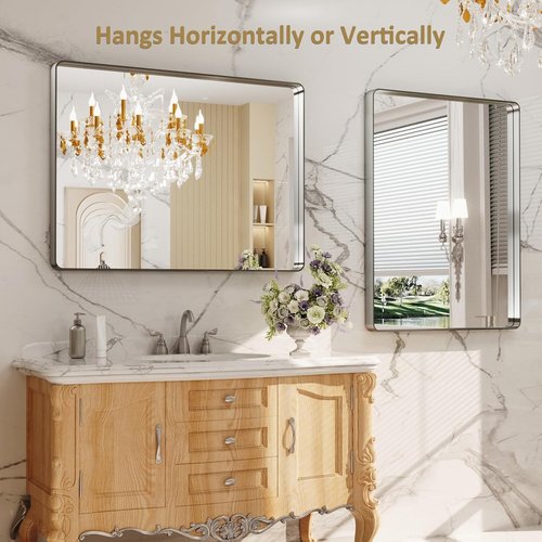 LOAAO Brushed Nickel Bathroom Mirror - 40x32 Inch Rounded Rectangle Design | Anti-Rust & Shatter-Proof