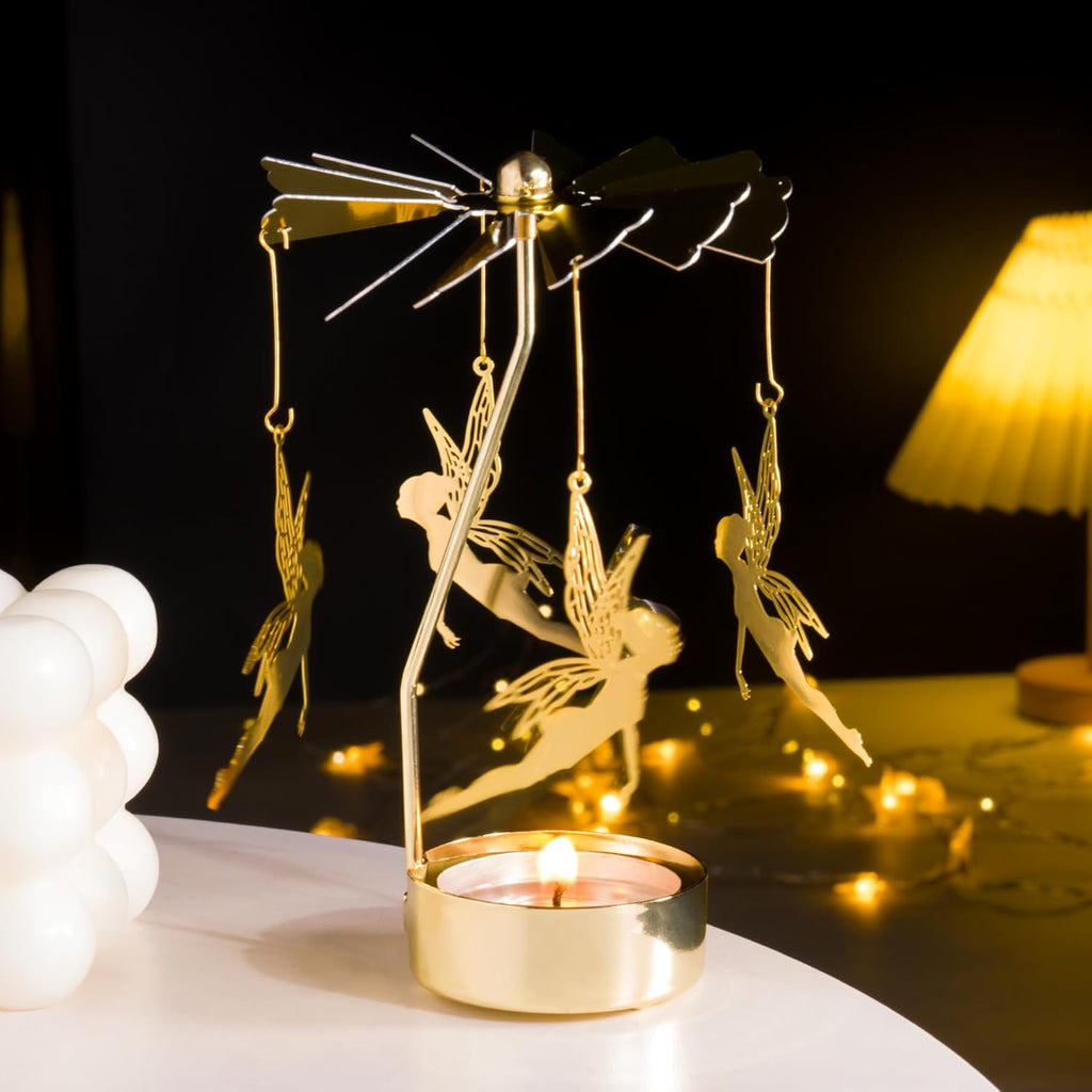 Skiennix Spinning Candle Holder - Gold Fairy Carousel Tea Light Spinner for Festive Home Decor