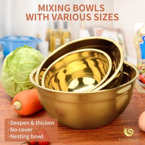 Snailhouse Mixing Bowl, 2 Quart Stainless Steel Salad Serving Large Metal Nesting Baking Cooking Big Bowls for Kitchen Entertaining, Gold