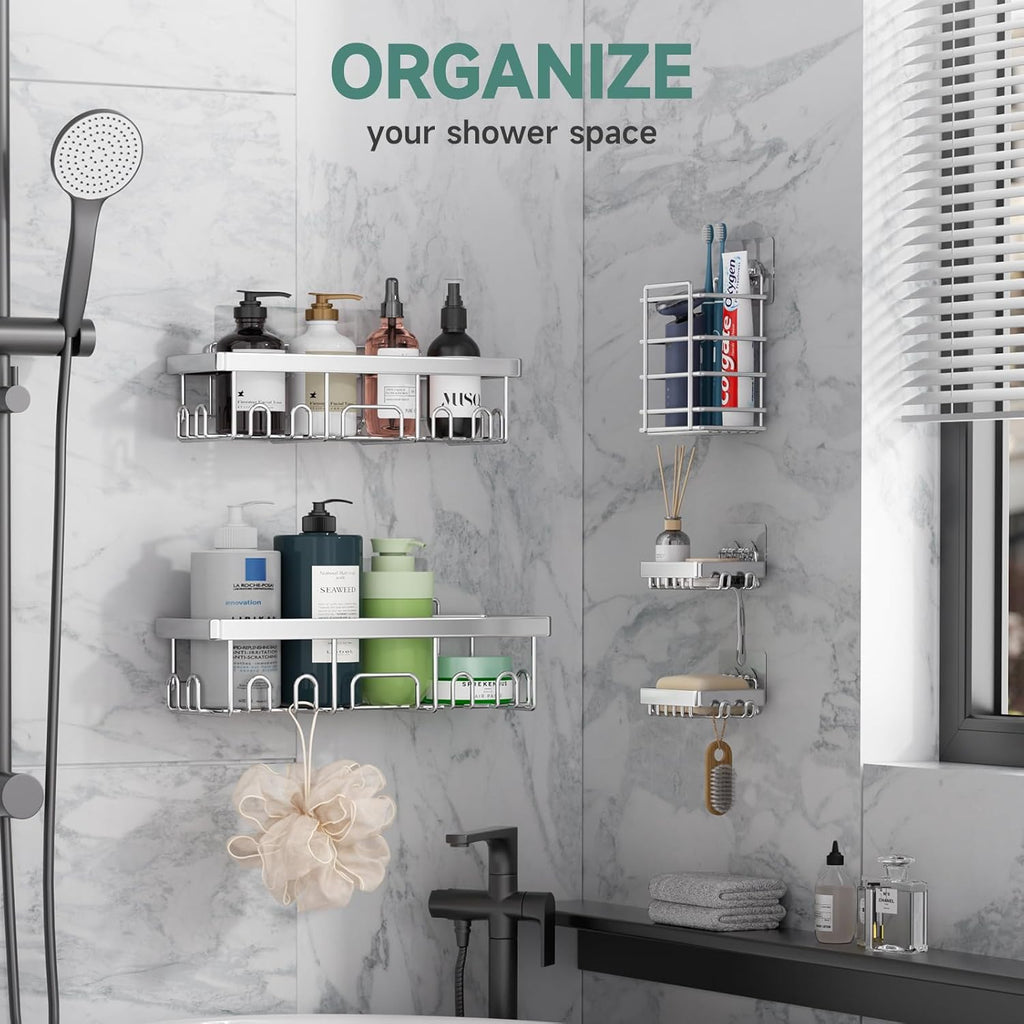 Veken Adhesive Shower Caddy - Heavy-Duty Wall-Mounted Organizer with Soap Dish & Toothbrush Holder | Silver 5-Pack