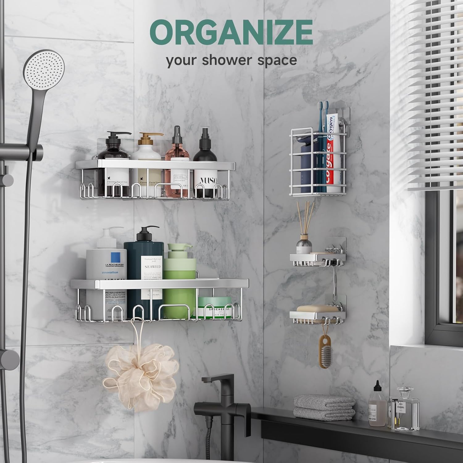 Veken Adhesive Shower Caddy - Heavy-Duty Wall-Mounted Organizer with Soap Dish & Toothbrush Holder | Silver 5-Pack