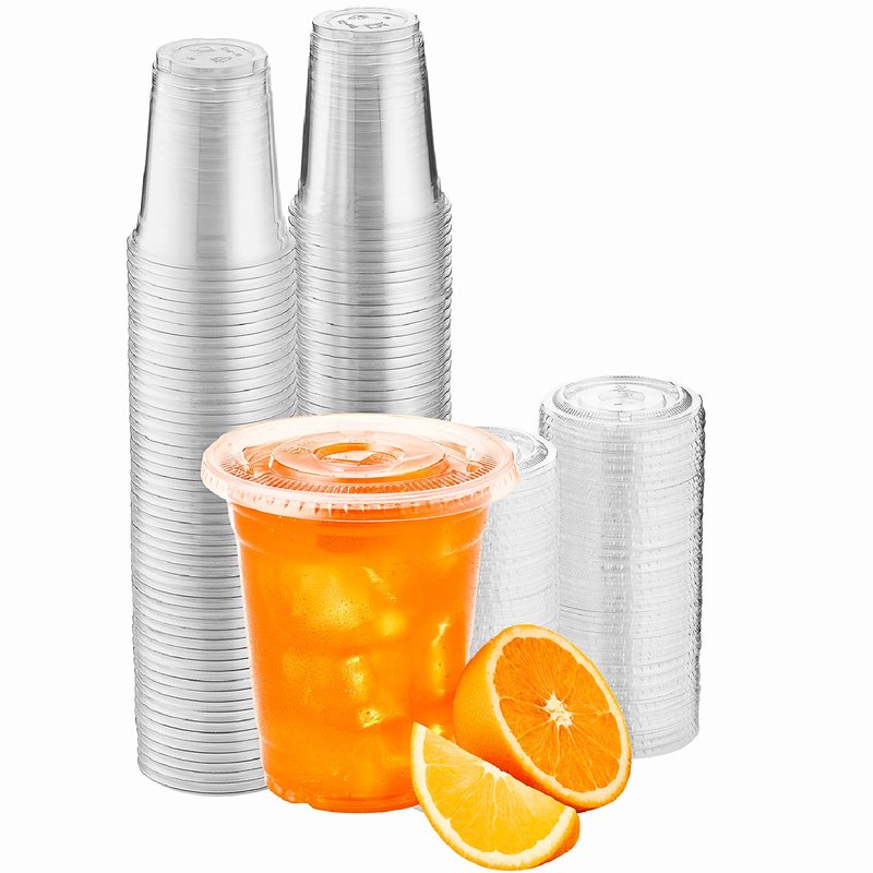 Green Direct Plastic Ultra Clear Cups With Flat Lids for Iced Coffee Bubble Boba Tea Smoothie (100, 10 Ounce)