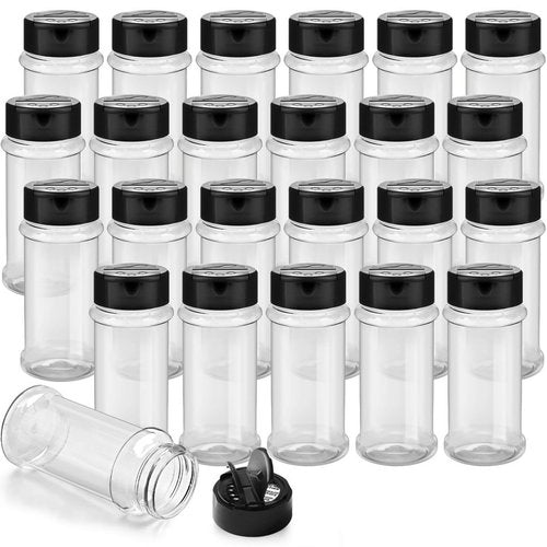 TUZAZO 24 Pcs Spice Bottles Plastic Seasoning Containers, 3 Oz Clear Plastic Spice Jars with Shaker Lids Empty for Spice & Herbs, Powders, Glitters, BPA Free | Heavy Duty | Wide Mouth | Dual Flaps