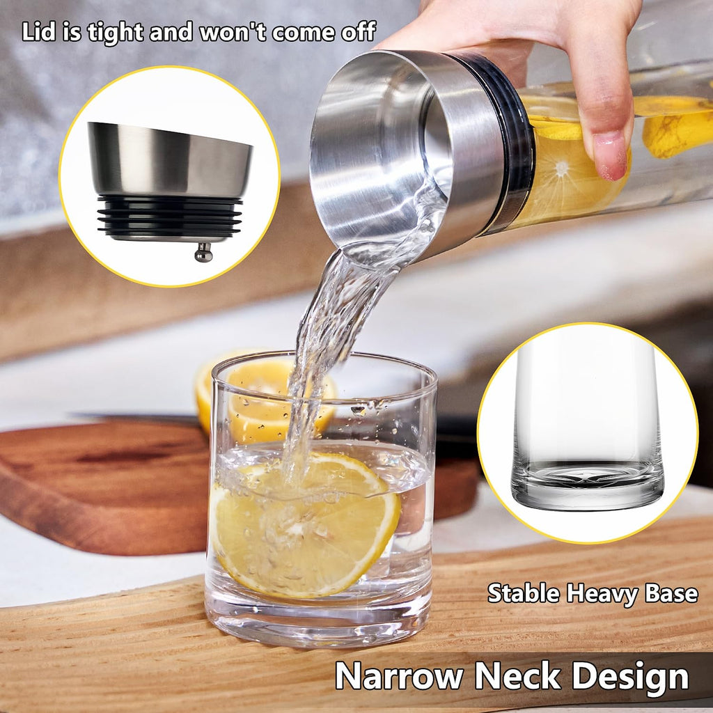 GLASKEY Glass Water Carafe with Lid,1200ml Glass Juice Pitcher with Stainless Steel Gravity Lid,Clear Water Pitcher for Ice Tea, Lemonade, Coffee,Juice Beverage,40 oz