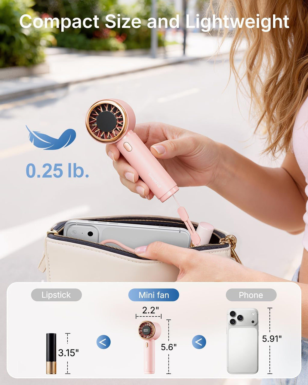 Sweetfull Mini Fan - Portable Handheld Turbo Fan with Rechargeable Battery, 5 Speeds | Pink Travel Essential
