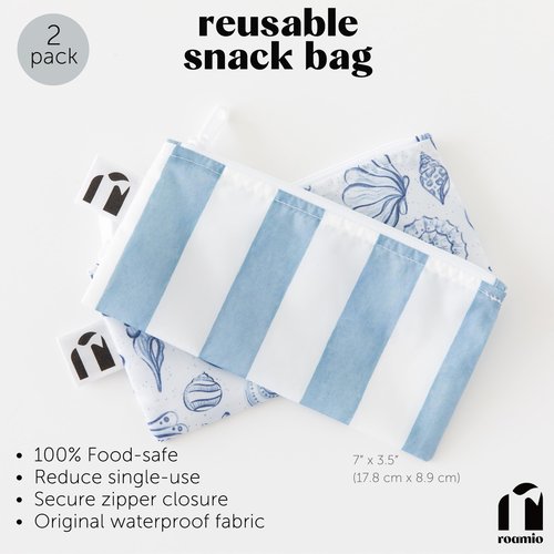 Bumkins Roamio Reusable Snack Bags, for Kids School Lunch and for Adults Portion, Washable Fabric, Waterproof Cloth Zip Bag, Pack Travel Pouch, Food-Safe Storage, 2-pk Nautical Stripe and Blue Shells
