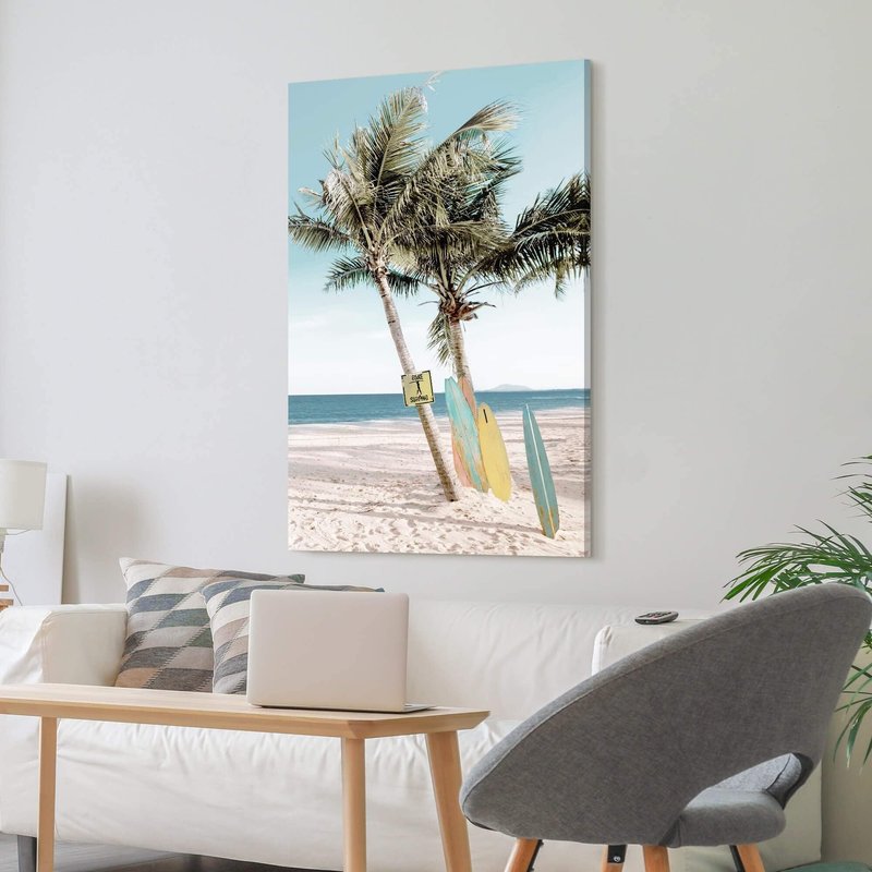 cozy country Beach Coastal Canvas Wall Art: 36" x 24" Seascape Artwork Sea Coconut Art and Beach Surfboards Painting Seaside Palm Tree Picture Decor for Living Room Bedroom