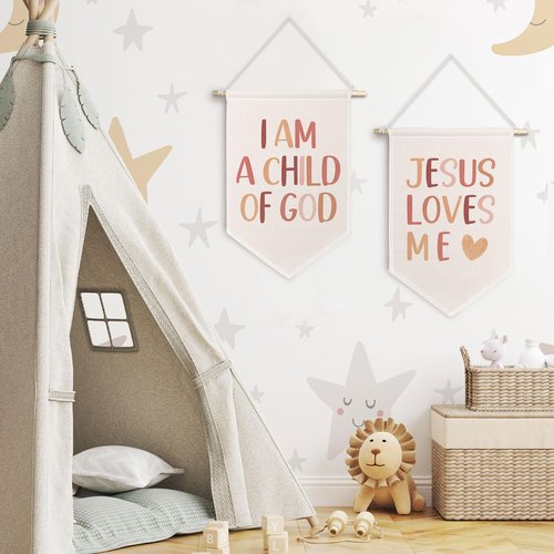 ChissNook Christian Nursery Canvas Banner Set of 2, Boho Nursery Decor Girl Boy Hanging Pennant Banner Flags Wall Display, I Am a Child of God Jesus Loves Me Wall Decor for Kids Room Bedroom Playroom