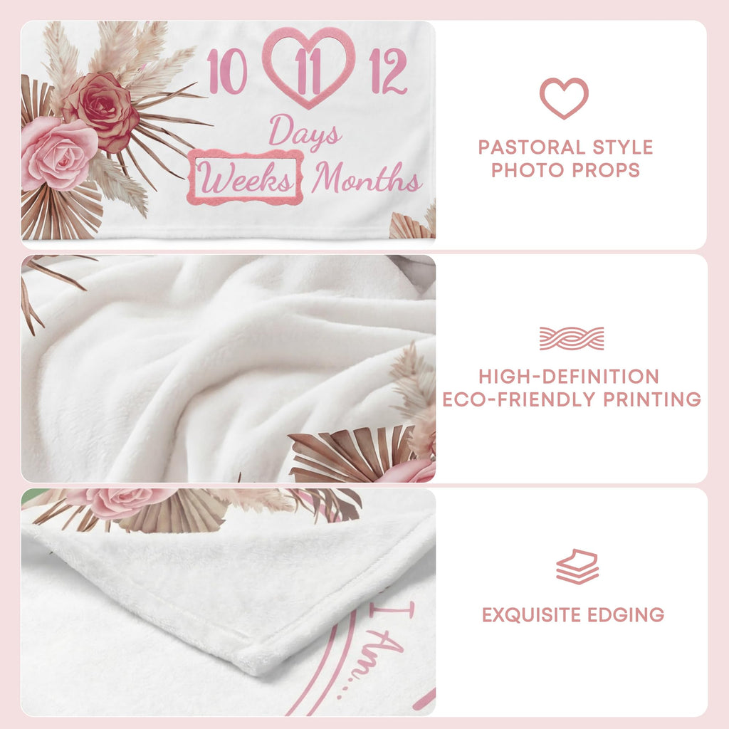 Warmther Baby Monthly Milestone Blanket, 40"x50" Flannel Monthly Milestone Photo Backdrop, Washable & Dryable, Floral Boho