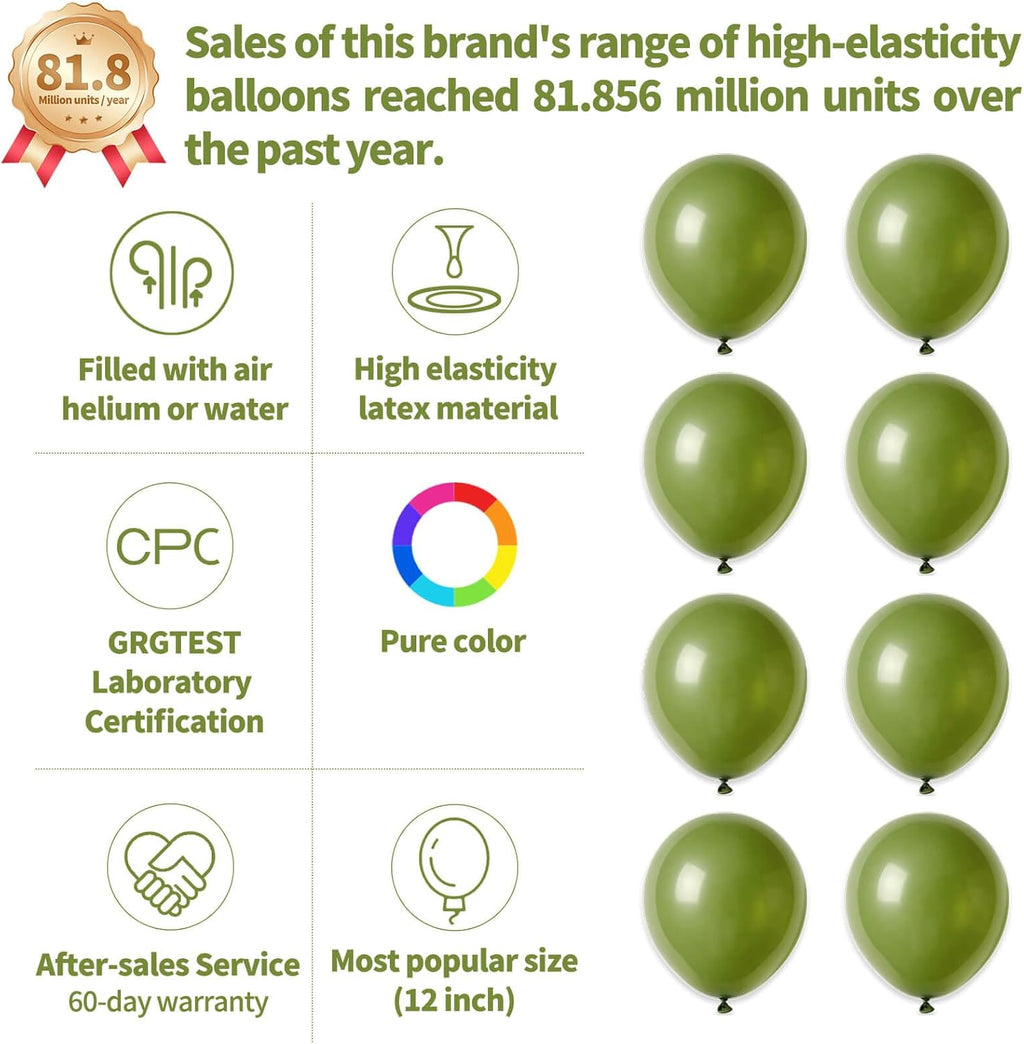 Olive Green Latex Balloons - 110pcs 12 Inch for Birthday Parties, Baby Showers & Weddings | Includes 2 Ribbons