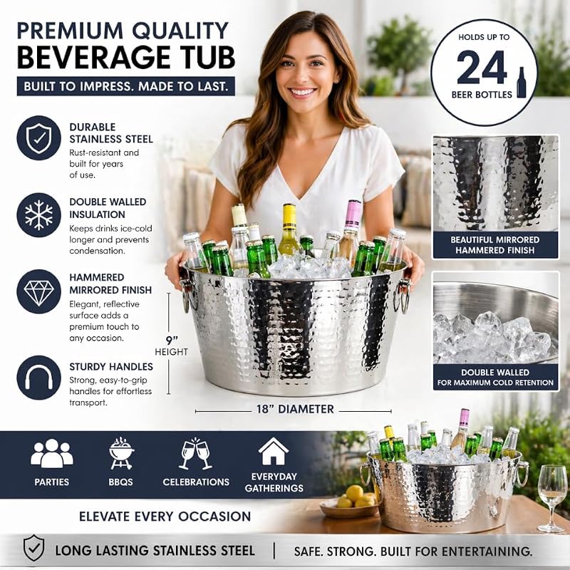 BREKX XL Insulated Stainless Steel Beverage & Ice Bucket - Heavy Duty, Leak-Proof, 25 Qt