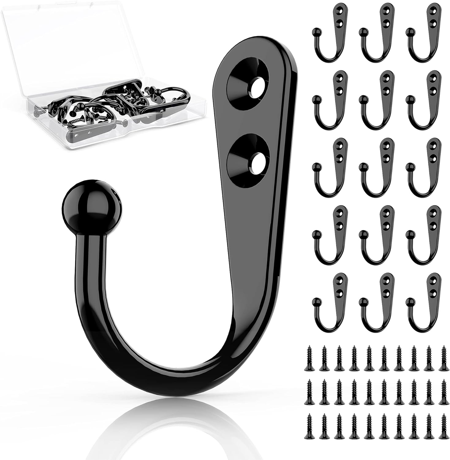 ZAYBOD Wall Mounted Coat Hooks - 15Pcs Black Hangers with 30 Screws for Hats, Towels, and Bags