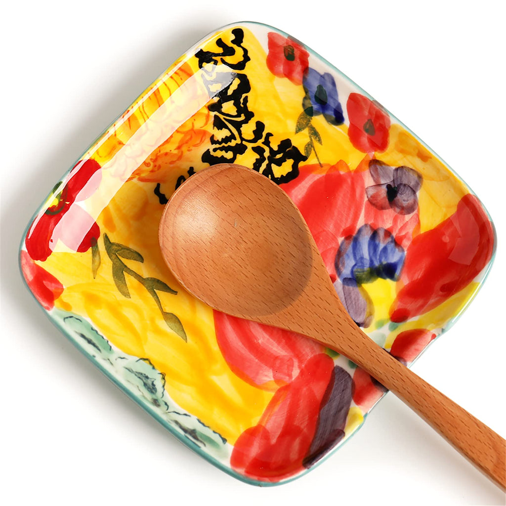 Colorful Hand Painted Spoon Rest 4.75 Inches Ceramic Spoon Holder for Kitchen Counter Stove Top, Dishwasher Safe, Multicolor (Set of 2)