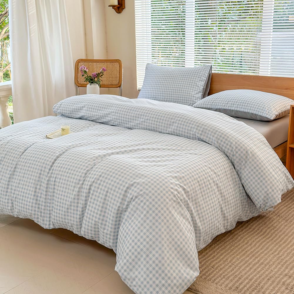 NSNLGSGC Light Blue Gingham Duvet Cover Set Twin, Blue Grid Simple Geometric Square Pattern Comforter Cover,Soft Plaid Washed Microfiber Bedding Cover(2PCS,Twin)