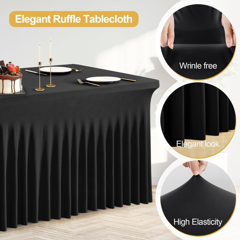 PARTISKY 4 Pack Black Spandex Table Cover with Skirt - 6ft Rectangle One-Piece Stretch Tablecloth for Wedding, Banquet, Birthday Party, Trade Shows & Foldable Tables