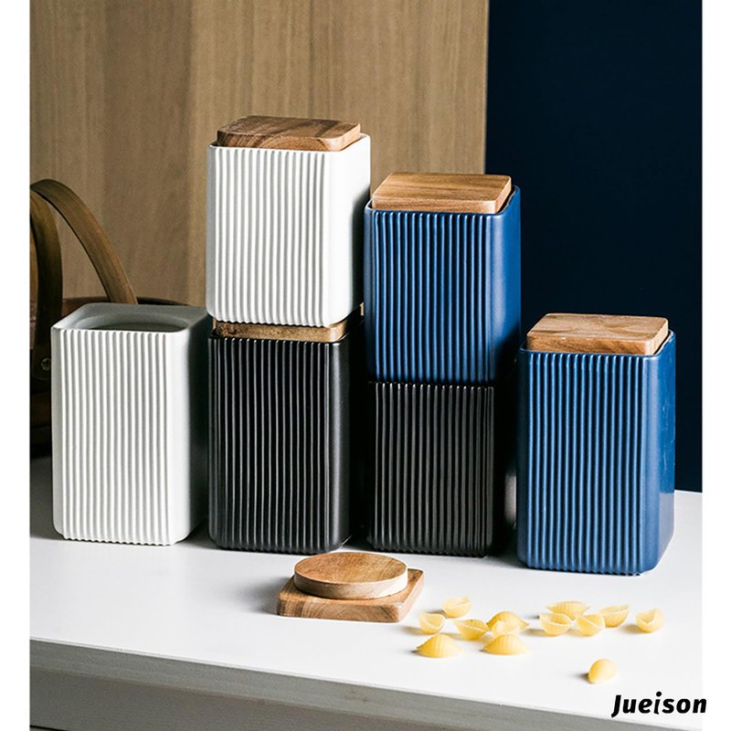 Ceramic Storage Jars Modern Elegant Polished Airtight Gorgeous Storage Canisters with Wooden Lid Small Food Stroage Jar for Kitchen Spice Tea Vanilla Sugar Coffee Beans (Black,Large size,17cm*10cm)