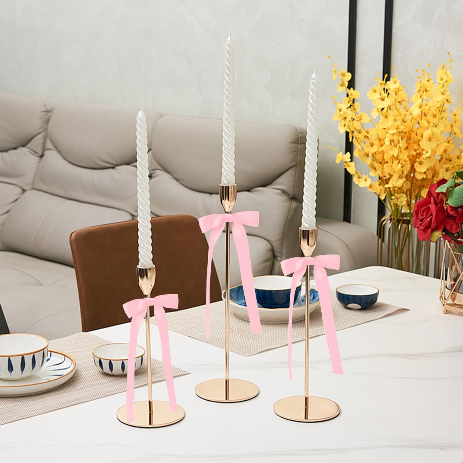 Skiennix 10-Inch Pink Satin Ribbon Bows - 12 Pcs for Candlestick Decor & Gift Wrapping
