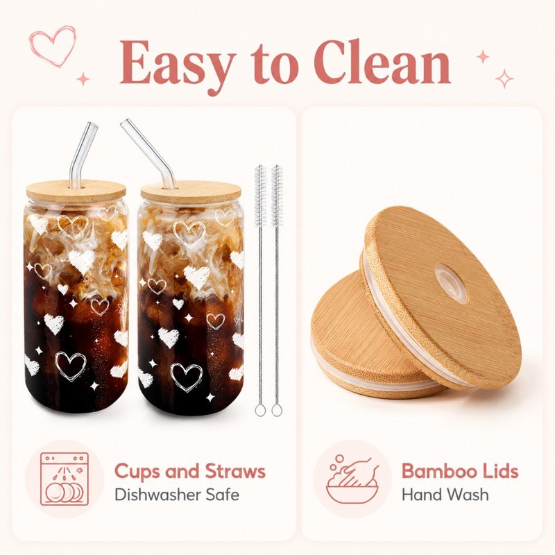 DAMCONME Glass Cups with Lids and Straws, 2 Pack Heart Glass Cups, 16 oz Borosilicate Iced Coffee Cups, Matching Drinkware for Best Friends, Couples, Birthday and Anniversary