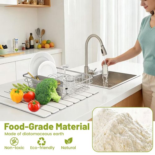 Large Stone Dish Drying Mat for Kitchen Counter, 24"×16" Collapsible Quick Dry Stone Dish Mats, Eco-Friendly, Super Absorbent Diatomaceous Earth Mats for Bottles Cups Dishes, Match Any Countertop