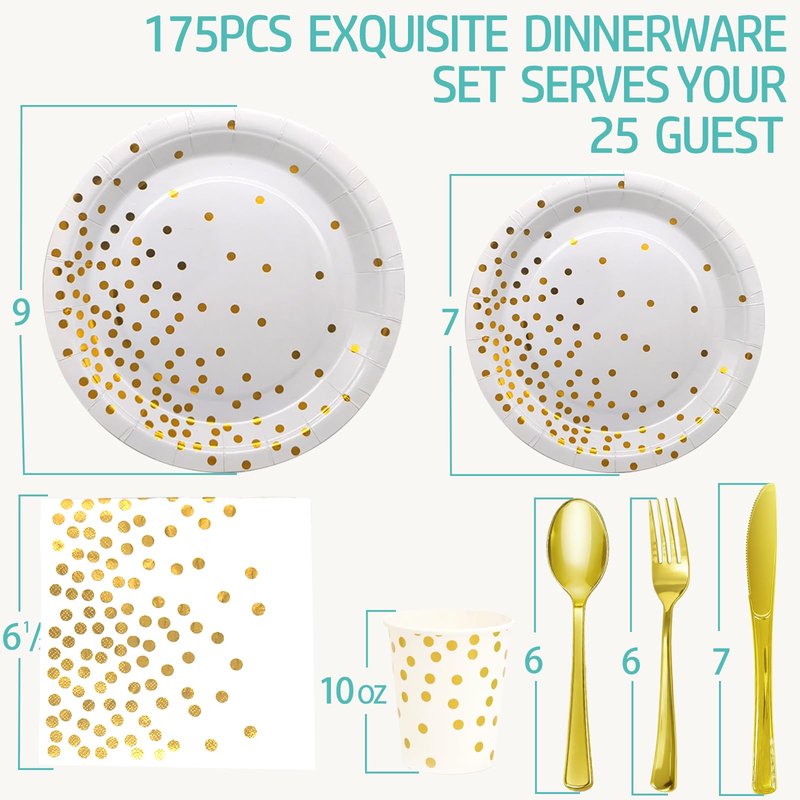 175 PCS White and Gold Paper Plates and Utensils Set Party for 25 Guests Disposable Party Decorations Golden Dinnerware Plates Cups Napkins Forks Knives Spoons for Wedding,Birthday and Party.