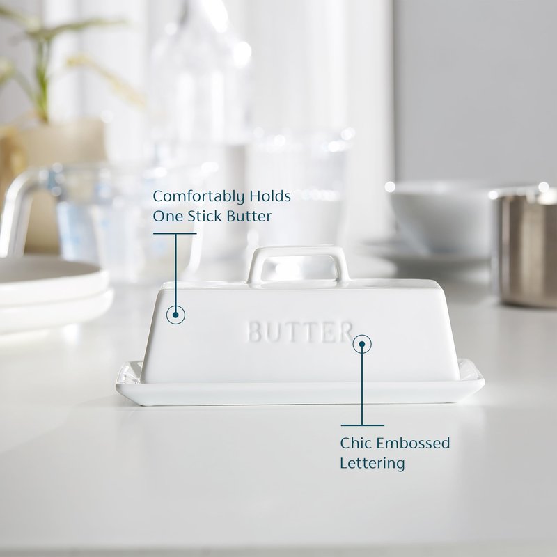 Kook Ceramic Butter Dish with Lid, Kitchen Countertop Butter Keeper, Serving Tray with Cover, Storage Container, Holds 1 Stick, Microwave and Dishwasher Safe, White