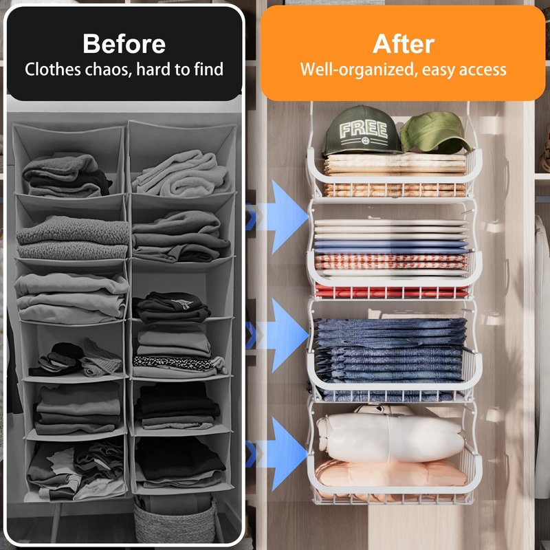 Metal Closet Hanging Organizer, 4 Tier Stackable Closet Organizers and Storage, Sturdy Clothes Hanging Shelves, Wire Storage Basket for Clothing Pants Coat Sweaters Handbags Hats, RV Pantry Organizer