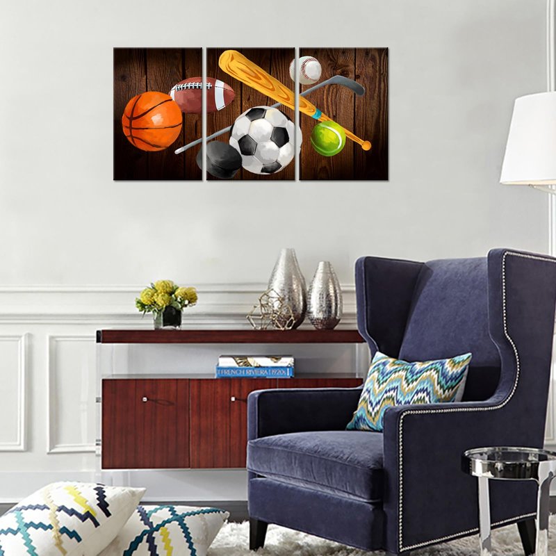 iHAPPYWALL 3 Pieces Vintage Sports Canvas Wall Art Basketball Football Baseball Soccer Hockey Balls Picture Prints for Living Room Bedroom Office Ready To Hang 16x24inchx3pcs