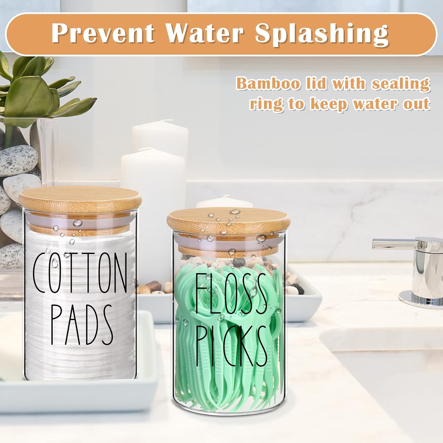 ROADPLUM Qtip Holder Bathroom Set - 4 Pack Glass Jars with Lids for Cotton Balls & Makeup Storage