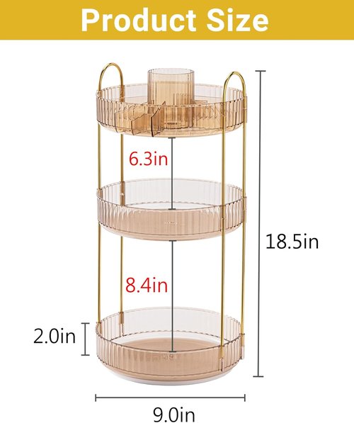 Asayuee 360° Rotating Makeup Organizer - 3-Tier Large Capacity for Skincare & Cosmetics | Gold