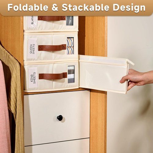 Bed Sheet Organizer 4 Pack - Zippered Storage Solutions with Labels & Handles for Linen Closet | Insect-Proof Design