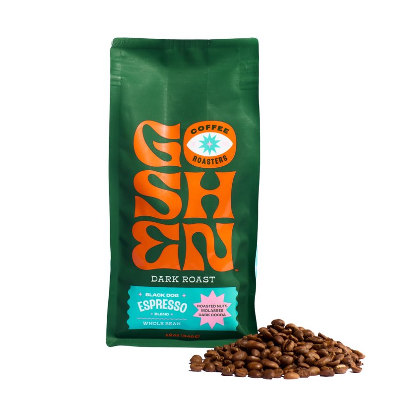 Goshen Coffee Roasters Whole Bean Black Dog Espresso Blend | Dark Roast, Espresso or Brewed | Award-Winning, Natural and Washed | Roasted Nuts, Molasses, Dark Cocoa Flavors | 12 Oz Bag