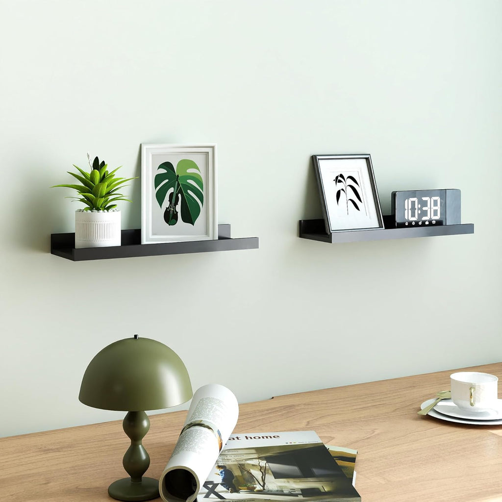Skiennix Black Floating Shelves - Stylish Wall-Mounted Wood Storage for Home Decor | Set of 2, 14 Inches