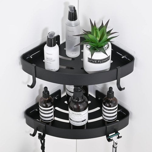 DUFU Adhesive Corner Shower Caddy - No Drill Rust-Proof Aluminum Organizer | 2-Pack Black