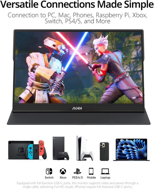MNN Portable Monitor - 15.6" FHD 1080P Ultra-Slim IPS Display with Smart Cover & Speakers | Plug & Play for Laptop, PC, Mac