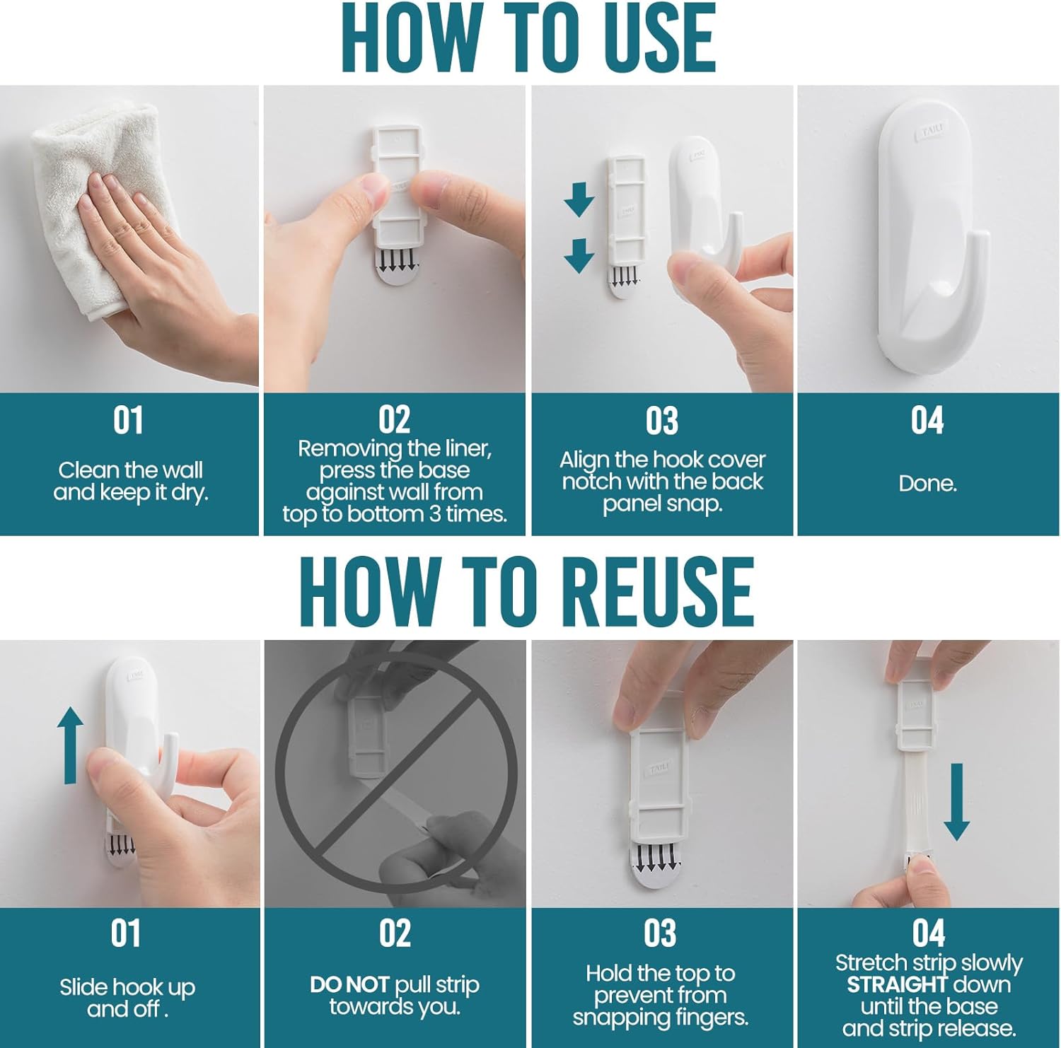TAILI Heavy-Duty Adhesive Hooks - No Damage Utility Hooks for Walls | Removable & Reusable, White, 6 Pack