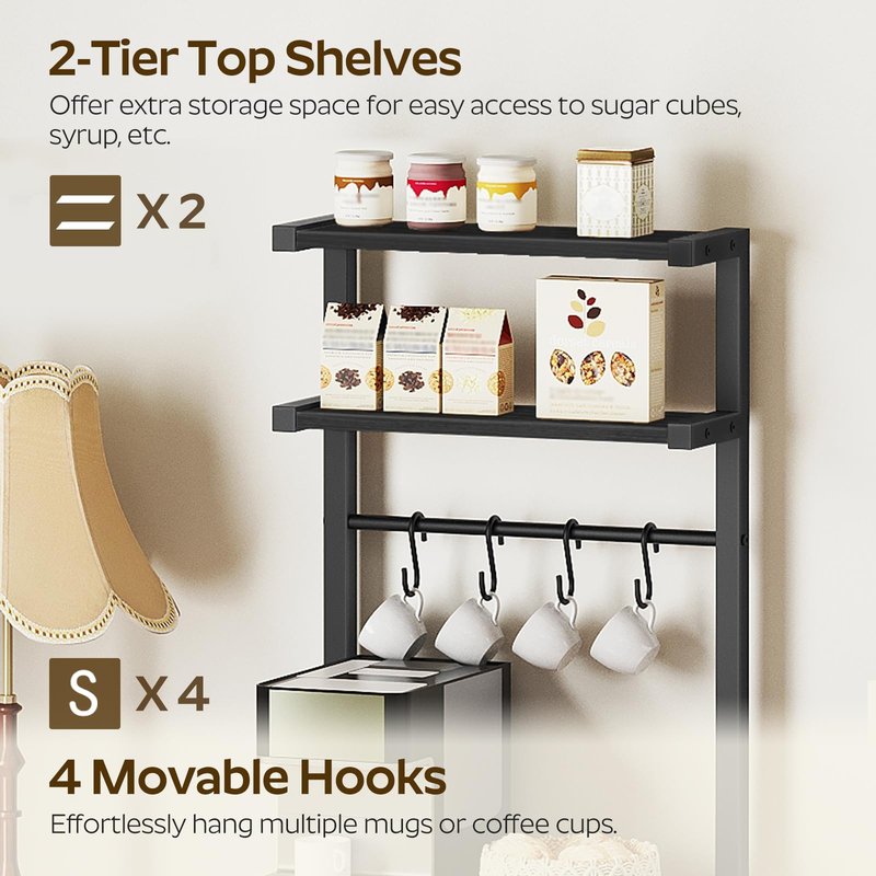 YATINEY Bakers Rack, 5-Tier Coffee Bar Station, Coffee Stand with Pod Drawer Holder, Versatile Kitchen Storage Rack with 4 Hooks, for Living Room, Cafe Corner, Black KF01BB