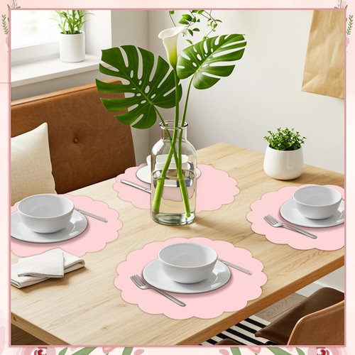 120 Pcs Light Pink Paper Placemats, 13.5 Inch Disposable Scalloped Placemat Round Table Place Mats Decorative Paper for Mother's Day Birthday Wedding Bridal Shower Baby Shower Banquet Tea Party