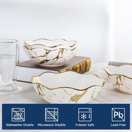Fanquare 16oz Gold Marble Pasta Bowls Set of 4, 7" Porcelain Salad and Cereal Bowls, Modern Kitchen Serving Set