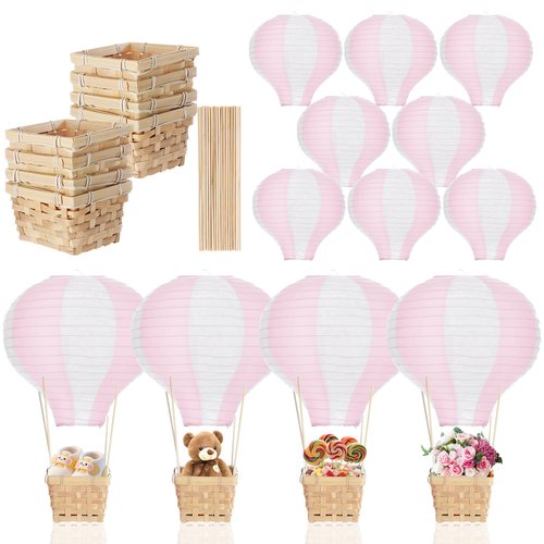 Meooeck 8 Sets Hot Air Balloons Baby Shower Table Decorations Centerpieces 11.8'' Paper Lanterns with Baskets Sticks for Gender Reveal Birthday Wedding Graduation Party (Pink)