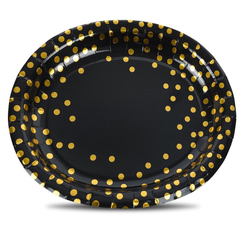 AimFun Black Gold Oval Paper Plates Golden Polka Dot Disposable Oval Party Platters 10" X 12" Large Decorative Serving Tray for Graduation Wedding Bridal Party Supplies (50, Black Gold)