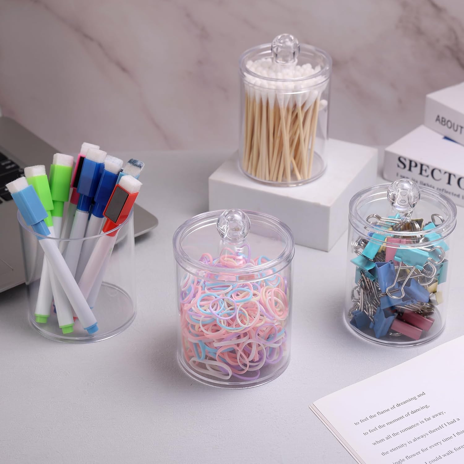 WEISHI Qtip Holder Dispenser - 6 Pack Clear Plastic Apothecary Jars for Bathroom Storage & Organization