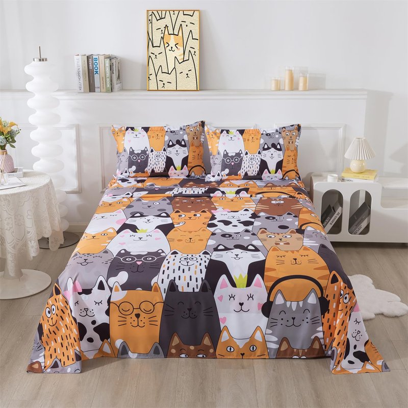 qjmiaofang 4 Pieces Cartoon Cats Bedding Full Size Cat Sheets Gradient Line Animals Kids Girls Boys Bed Sheet with Flat Sheet,Fitted Sheet and Pillowcase All Season Home Decor