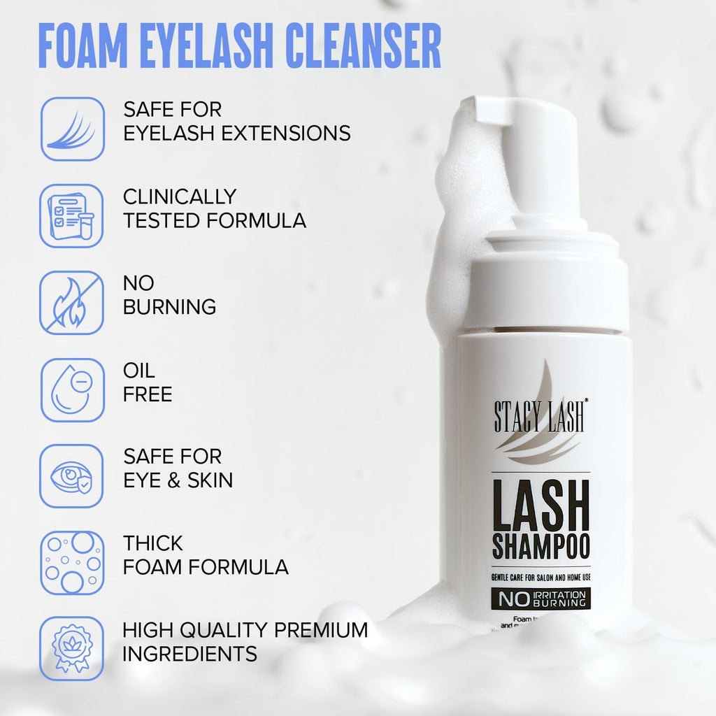 Stacy Lash Eyelash Extension Shampoo - Foaming Cleanser & Brush | 1.69 fl. oz | Safe for Extensions & Natural Lashes