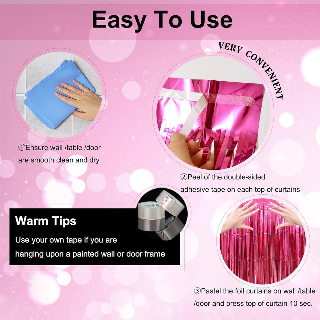 Valentines Day Party Decorations | Hot Pink Foil Fringe Curtains - 3 Pack, 3.2x8.2ft Backdrop