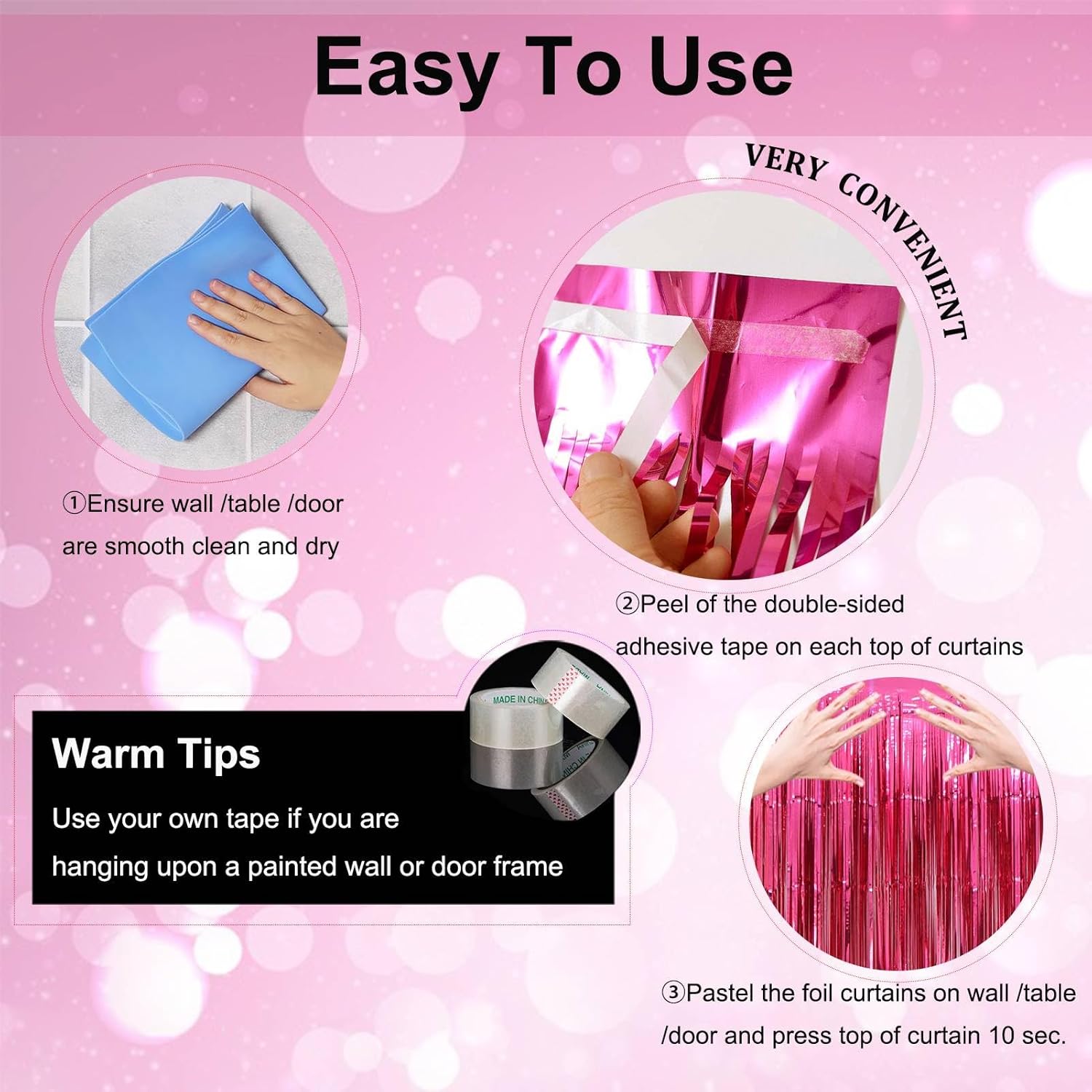 Valentines Day Party Decorations | Hot Pink Foil Fringe Curtains - 3 Pack, 3.2x8.2ft Backdrop