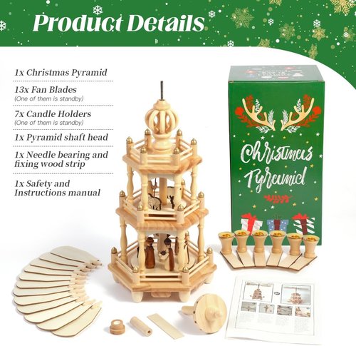 Christmas Pyramids | 18-Inch Wooden Carousel with 6 Candle Holders & Nativity Scene - 3 Tiers