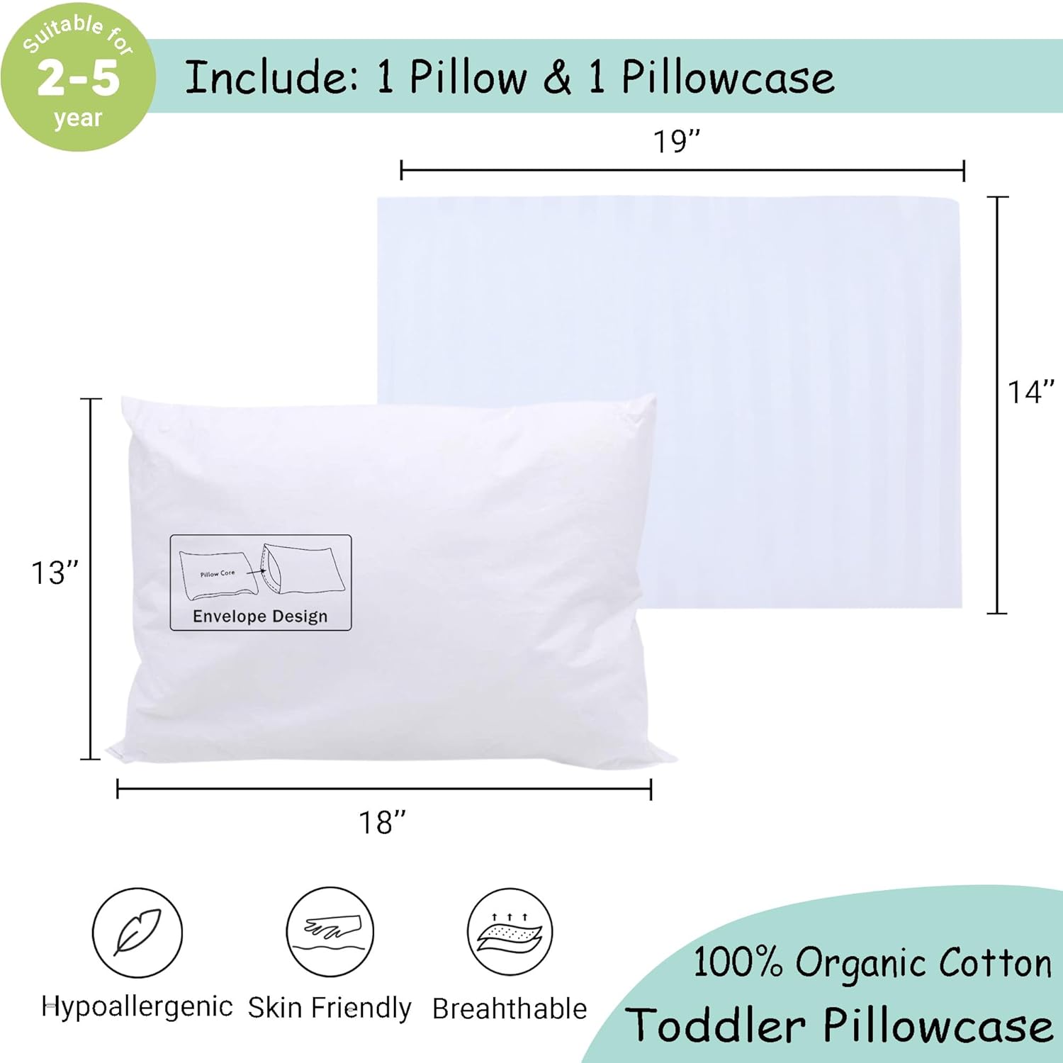 ZPECC Toddler Pillow - Hypoallergenic Organic Cotton Pillowcase | 13x18 for Travel & Daycare, White Stripe